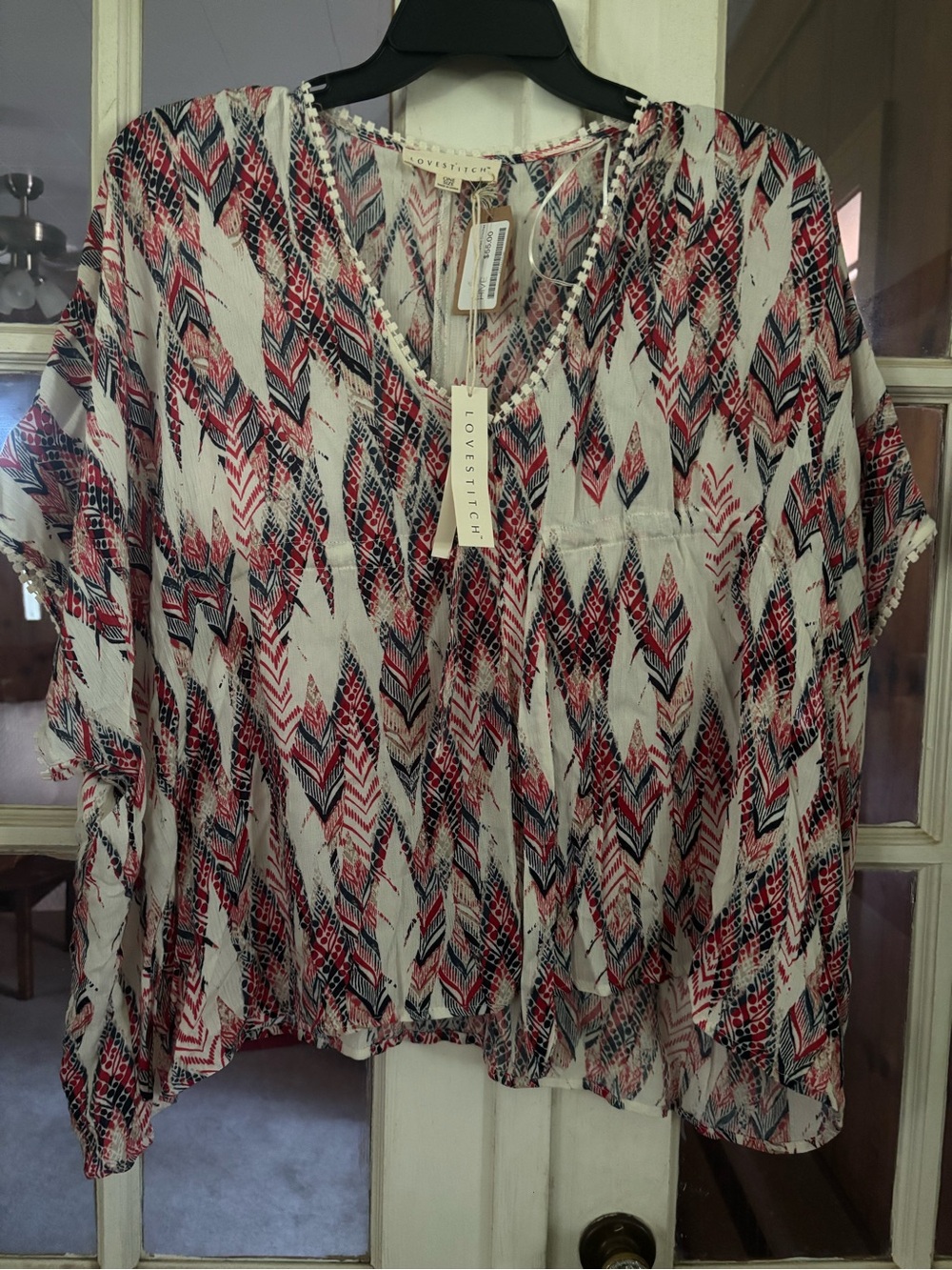 lovestitch Red, Black & Cream Printed V-Neck Tunic